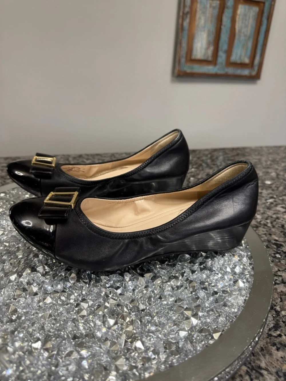 Cole Haan Black leather Wedge ballet Flats with Gold Bow Detail 9
